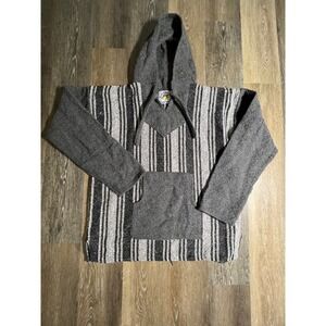 Sunshine Joy Baja Hoodie Mens Large‎ Grey Striped Woven Drug Rug Pullover